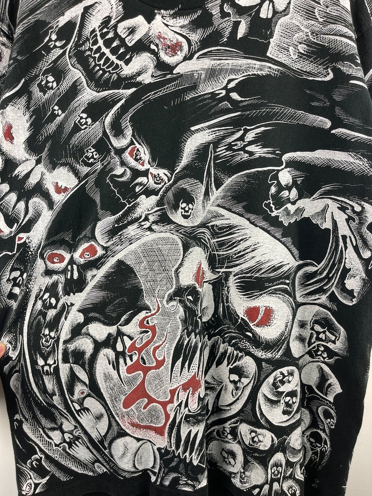Vintage 90s Jarvis Ace Skull All Over Print Black Tee