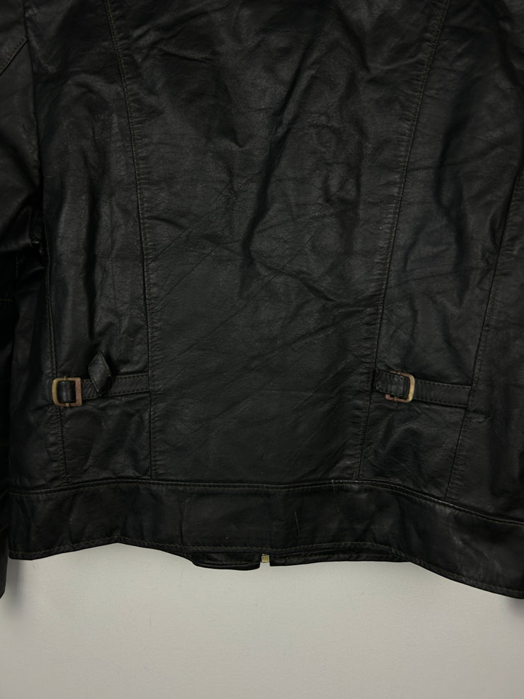 Vintage 80s Sears The Leather Shop Dark Brown Cropped Leather Jacket