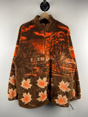 Vintage 90s Art Unlimited Fall Leaves Brown Sherpa Fleece Zip Up Sweater