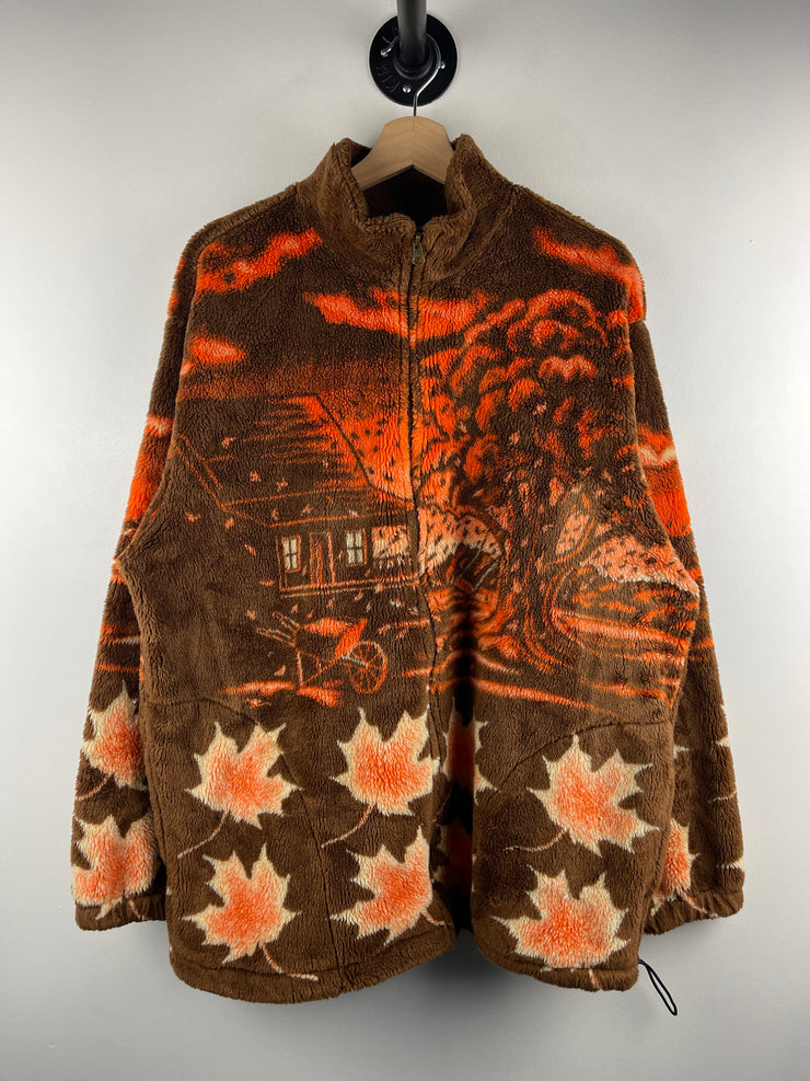 Vintage 90s Art Unlimited Fall Leaves Brown Sherpa Fleece Zip Up Sweater