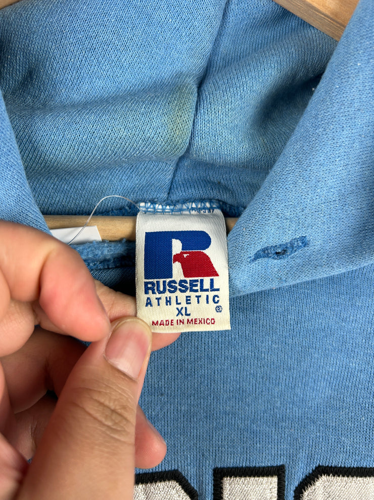 Vintage 90s Russell Athletic Clarton University Embroidered Baby Blue Hoodie