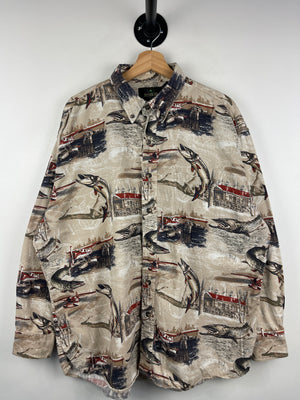 Vintage 90s Red Head Fishing Beige Button Up Long Sleeve Shirt
