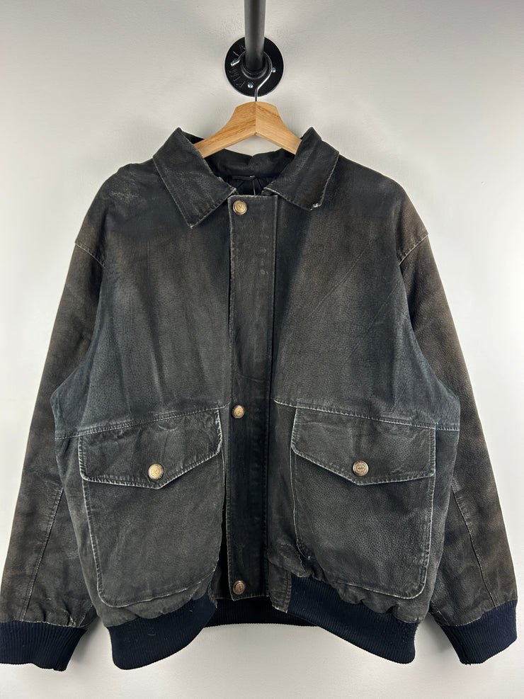 Vintage 90s Black Leather Suede Faded Bomber Jacket