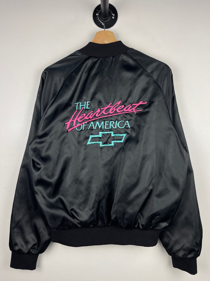 Vintage 80s Chevrolet The Heartbeat Of America Black Satin Varsity Jacket