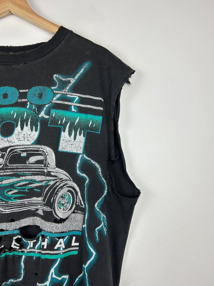 Vintage 90s American Thunder Hot Rod Street Lethal Thrashed Black Cut Off Tank Top