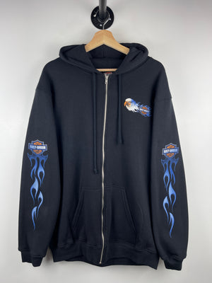 Vintage Harley Davidson Blue Flames Eagle Black Zip Up Hoodie