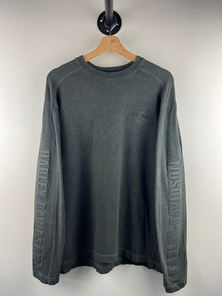 Vintage Harley Davidson Gel Print Spellout Charcoal Long Sleeve