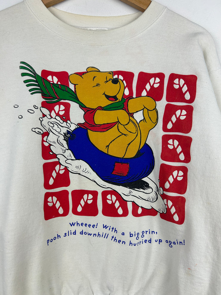 Vintage 90s Winnie The Pooh Sledding White Crewneck