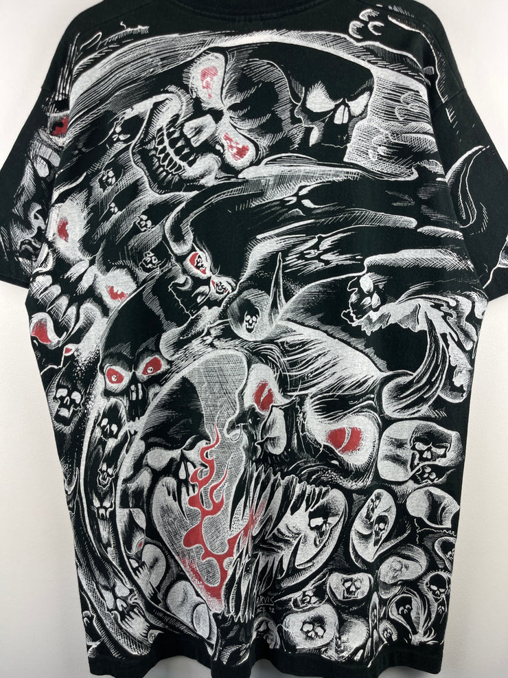 Vintage 90s Jarvis Ace Skull All Over Print Black Tee