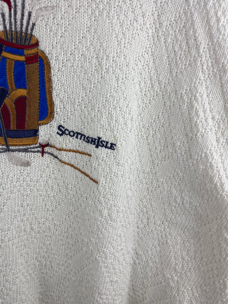 Vintage 90s Scottish Isle Golf Bag Embroidered White Knit Sweater