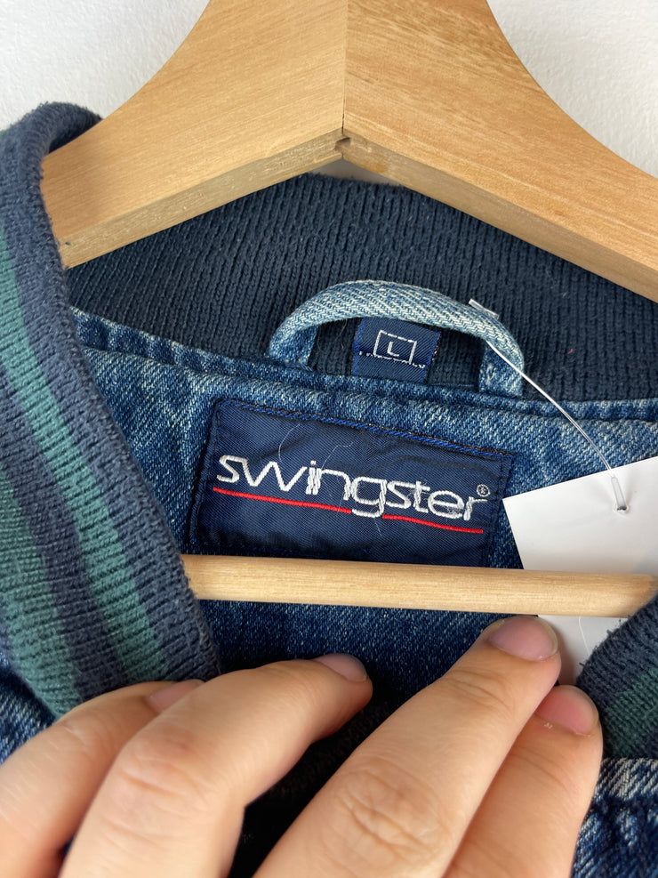 Vintage 90s Swingster Miller Lite Ice Blue Denim Varsity Jacket