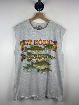 Vintage 90s Get Hooked Fishing Grey Cut Off Tank Top
