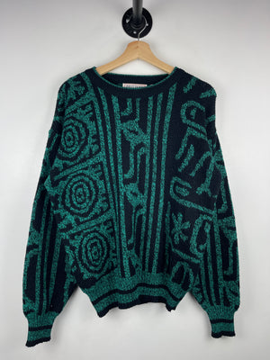 Vintage 90s Brittany Bay Pattern Black & Green Knit Sweater