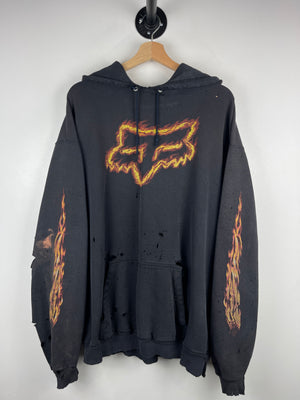 Vintage 90s Fox Racing Flames Thrashed Black Hoodie