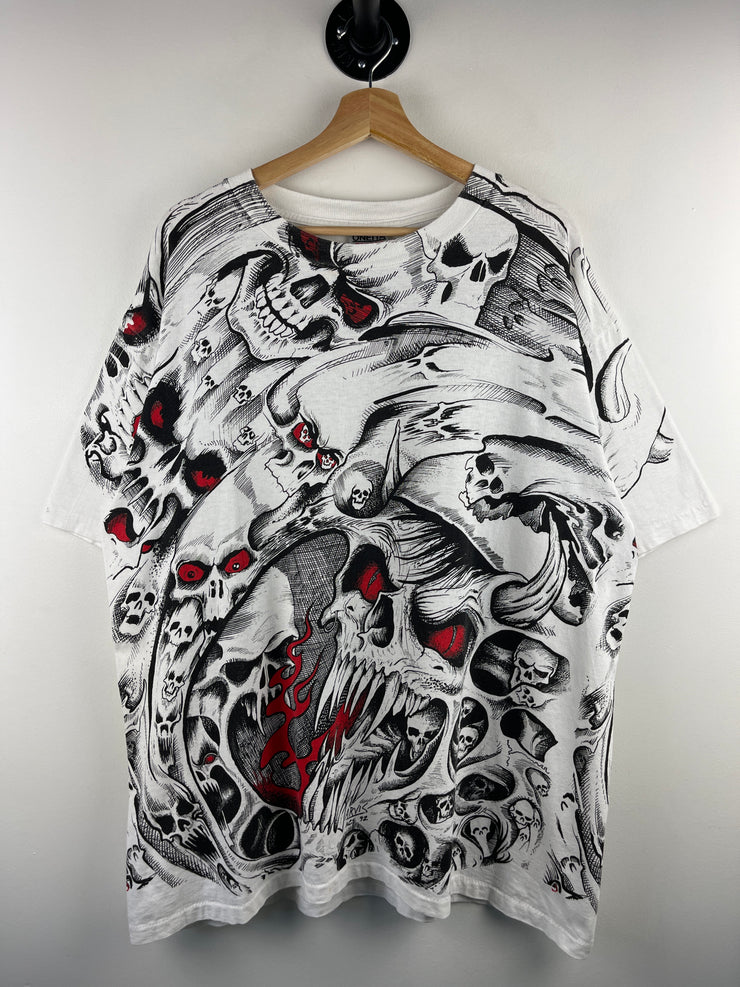 Vintage 90s Jarvis Ace Skull All Over Print White Tee
