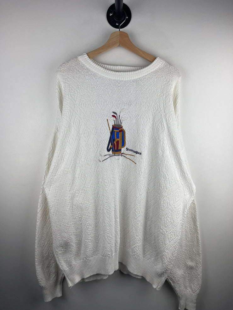 Vintage 90s Scottish Isle Golf Bag Embroidered White Knit Sweater