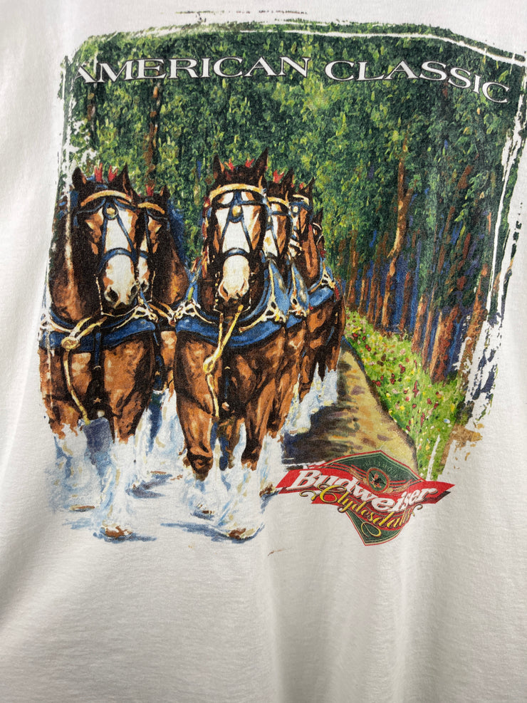 Vintage 90s Budweiser Beer Clydesdales Horses White Tee