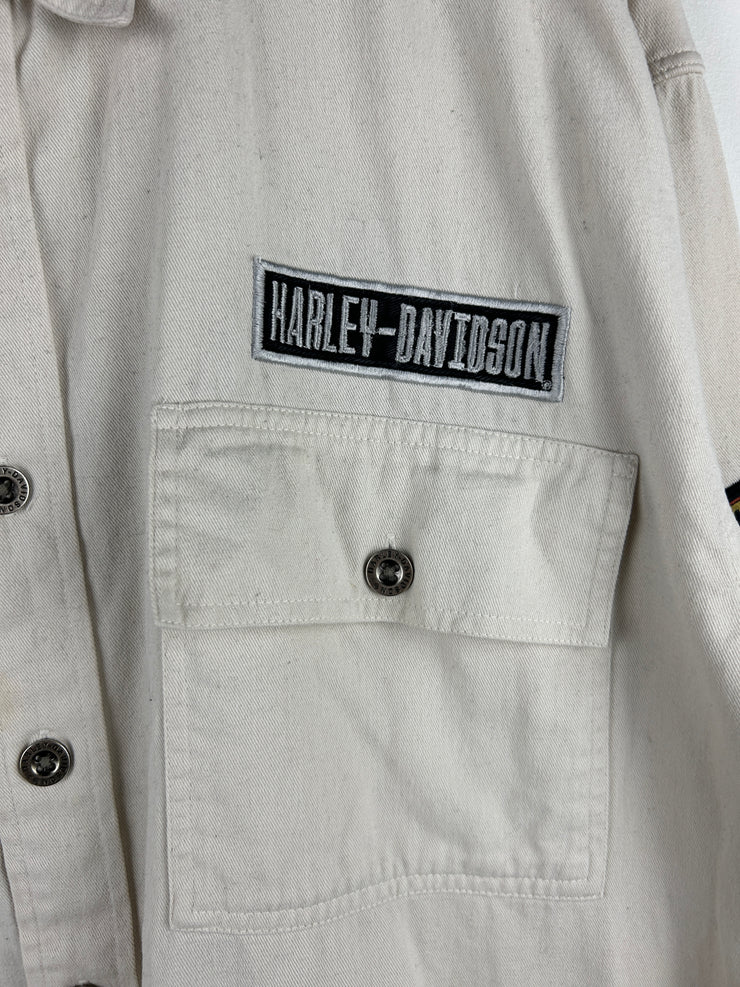 Vintage Harley Davidson Patch Cream Button Up Long Sleeve Shirt