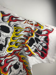 Vintage 90s Jarvis Ace Flaming Skull All Over Print White Tee