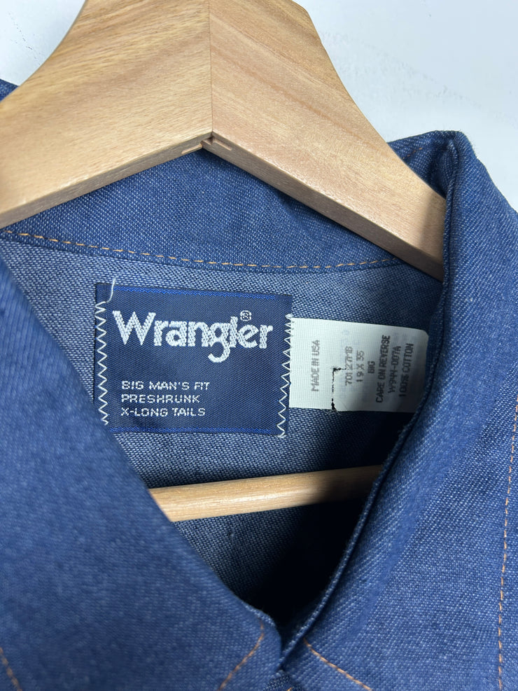 Vintage 90s Wrangler Western Pearl Snap Denim Blue Button Shirt