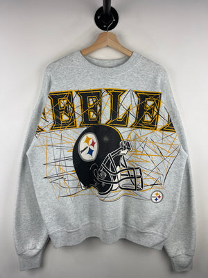 Vintage 90s NFL Pittsburgh Steelers Helmet Big Spellout Grey Crewneck