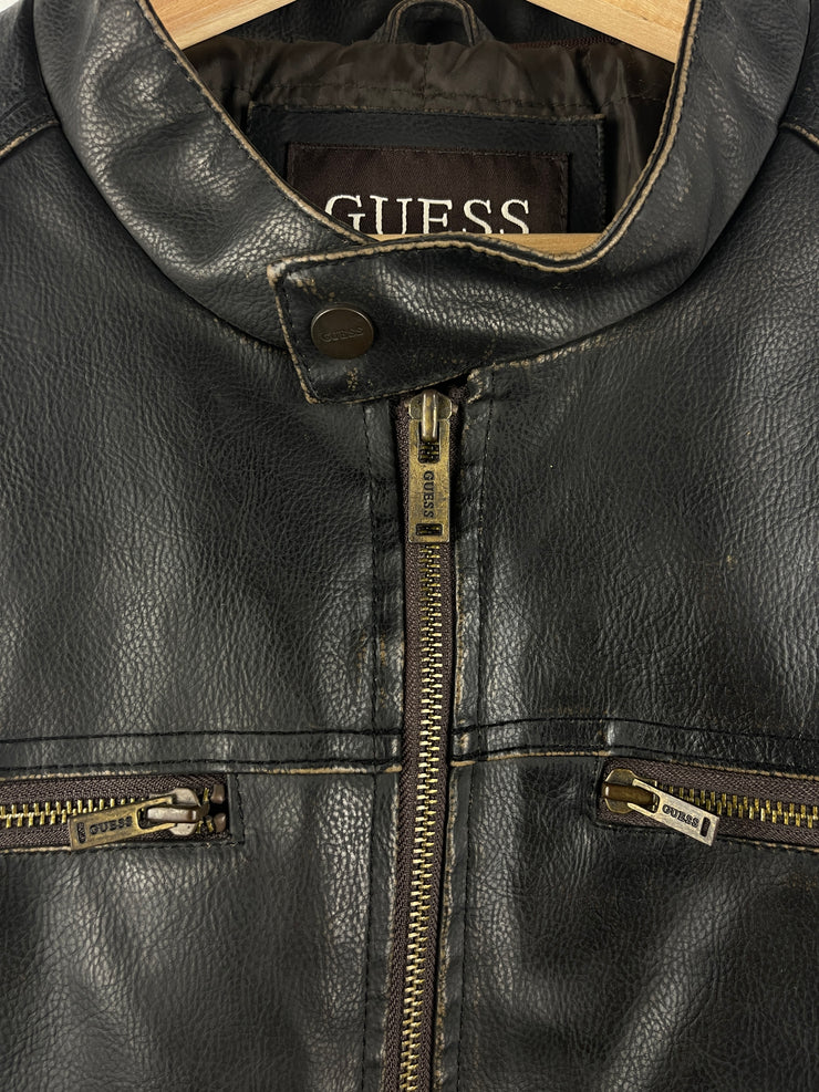 Vintage Guess Café Racer Moto Dark Brown Leather Jacket