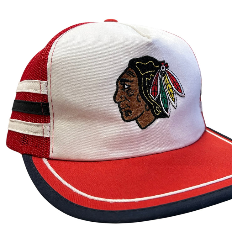 Vintage 80s NHL Ted Fletcher Chicago Blackhawks Tri 3 Stripe Trucker Snapback Hat