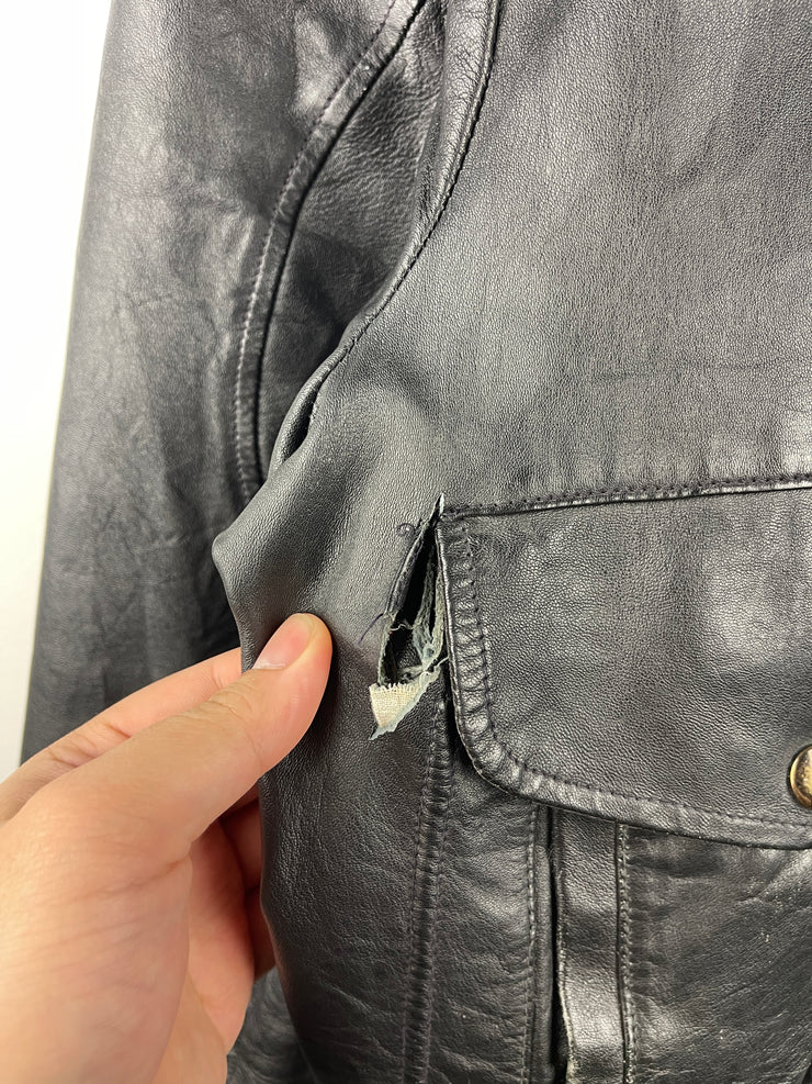 Vintage 90s Excelled Miller Lite Beer Black Leather Bomber Jacket