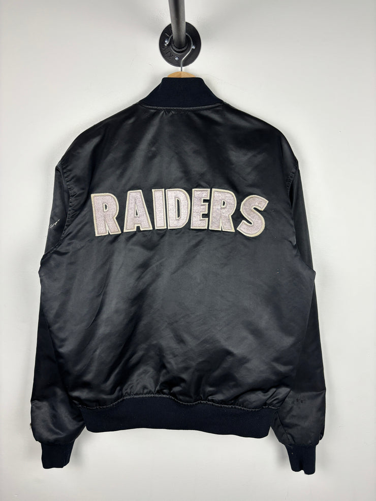 Vintage 80s NFL Starter Los Angeles Raiders Spellout Black Satin Bomber Jacket