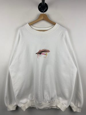 Vintage 90s Fly Fishing Hook Embroidered White Crewneck