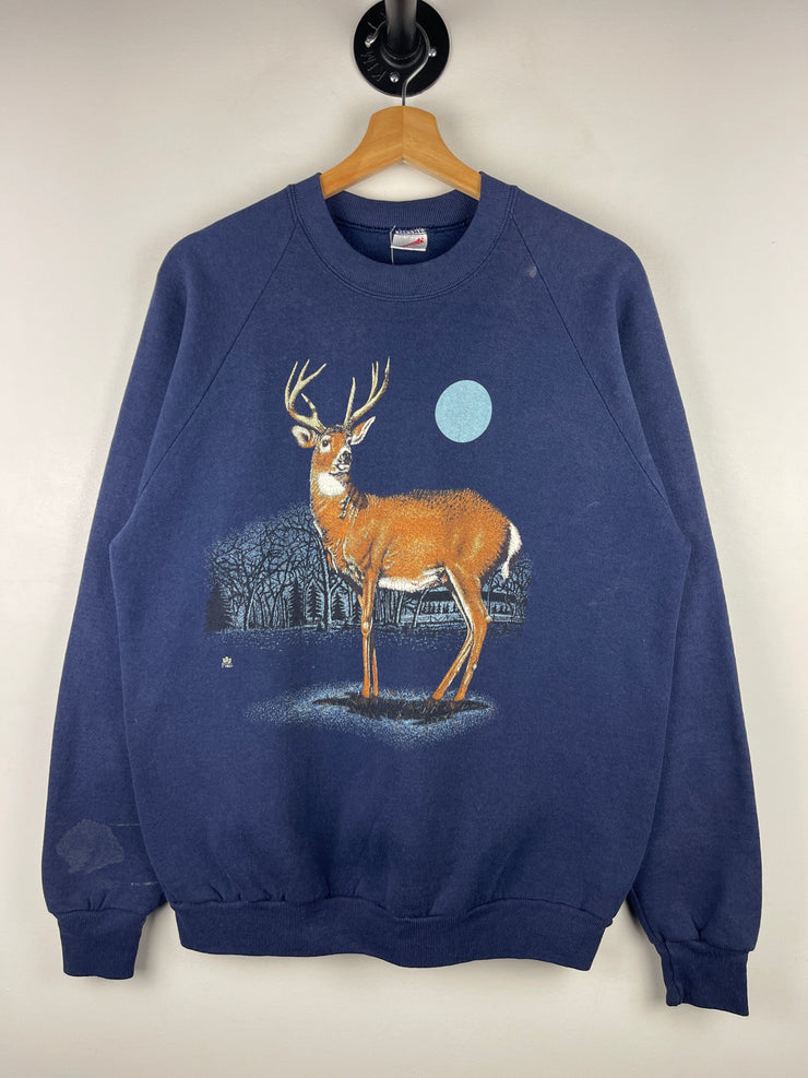 Vintage 80s Deer Nature Faded Navy Crewneck