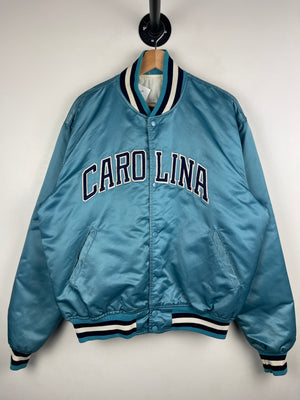 Vintage 80s NCAA Starter North Carolina Tar Heels Baby Blue Satin Bomber Varsity Jacket