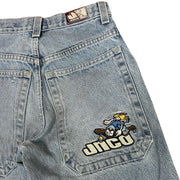 Vintage 90s JNCO Flame Head Skateboarder Baggy Blue Denim Kids Jeans