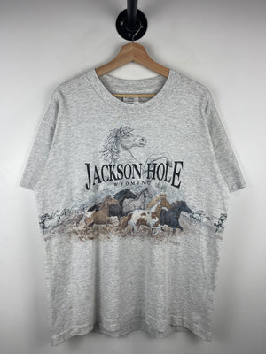 Vintage 90s Jackson Hole Wyoming Horse Wrap Around Grey Tee
