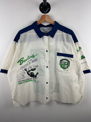 Vintage 90s Bowling Hollywood Esleep O Rama White Button Up Short Sleeve Shirt