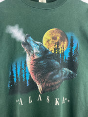 Vintage 90s Alaska Wolf Howling At The Moon Green Tee