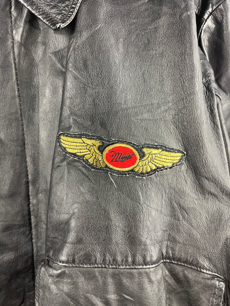 Vintage 90s Excelled Miller Lite Beer Black Leather Bomber Jacket