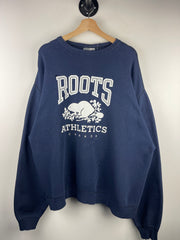 Vintage 90s Roots Athletics Canada Distressed Navy Crewneck