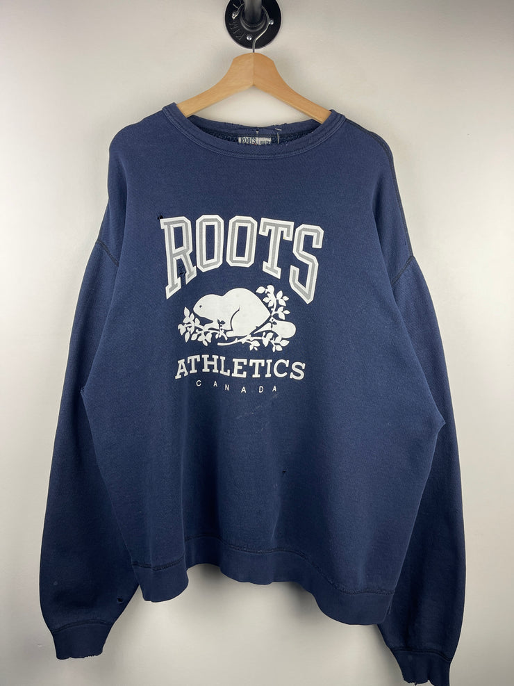 Vintage 90s Roots Athletics Canada Distressed Navy Crewneck
