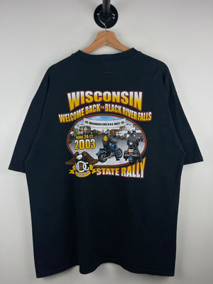 Vintage 2003 Harley Davidson Wisconsin State Rally Henley Black Tee
