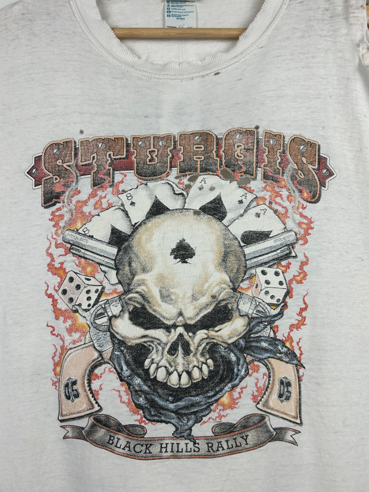 Vintage Sturgis Black Hills Rally Skull Thrashed White Tee