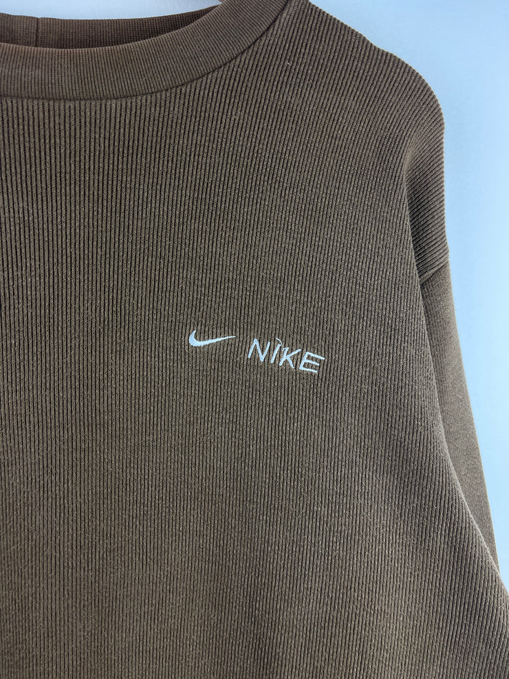 Vintage Nike Spellout Swoosh Embroidered Ribbed Brown Crewneck