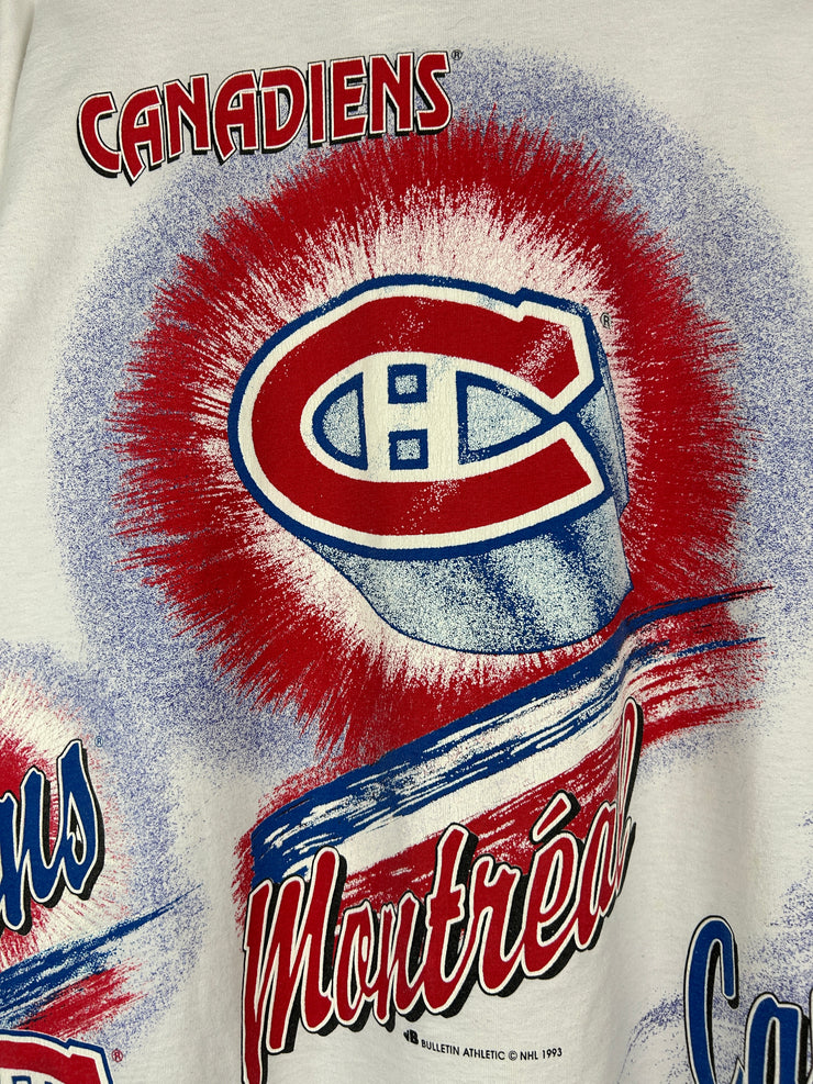 Vintage 90s NHL Bulletin Montreal Canadiens All Over Print White Tee