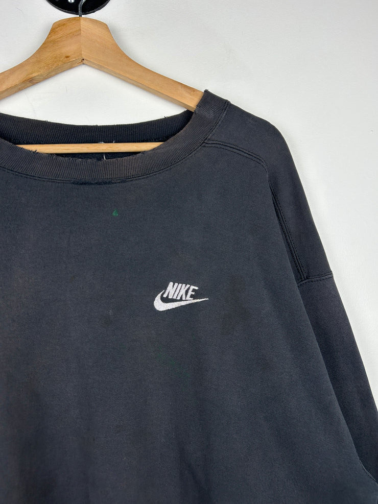 Vintage 90s Nike Spellout Swoosh Thrashed Black Crewneck