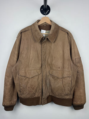 Vintage 90s Officers Club Faded Brown Leather Flight Bomber Jacket