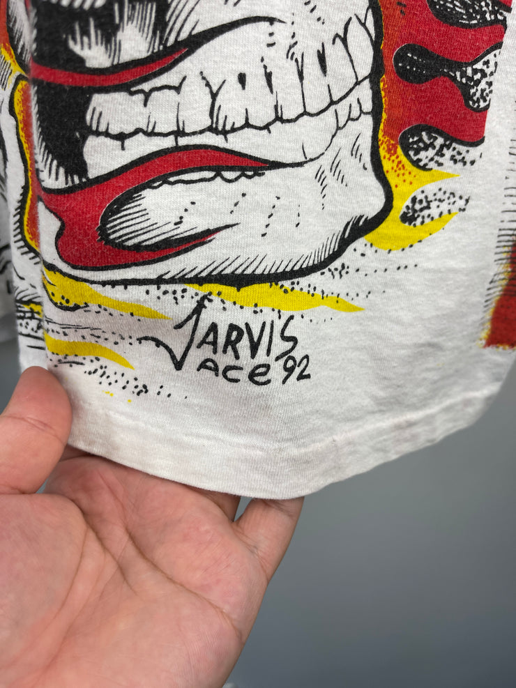 Vintage 90s Jarvis Ace Flaming Skull All Over Print White Tee