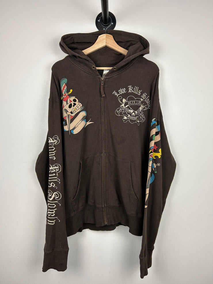 Vintage Y2K Love Kills Slowly Brown Zip Up Hoodie