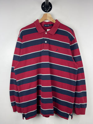 Vintage Nautica Striped Red & Navy Long Sleeve Polo Shirt