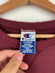 Vintage 90s Champion Spellout Embroidered Thrashed Burgundy Crewneck