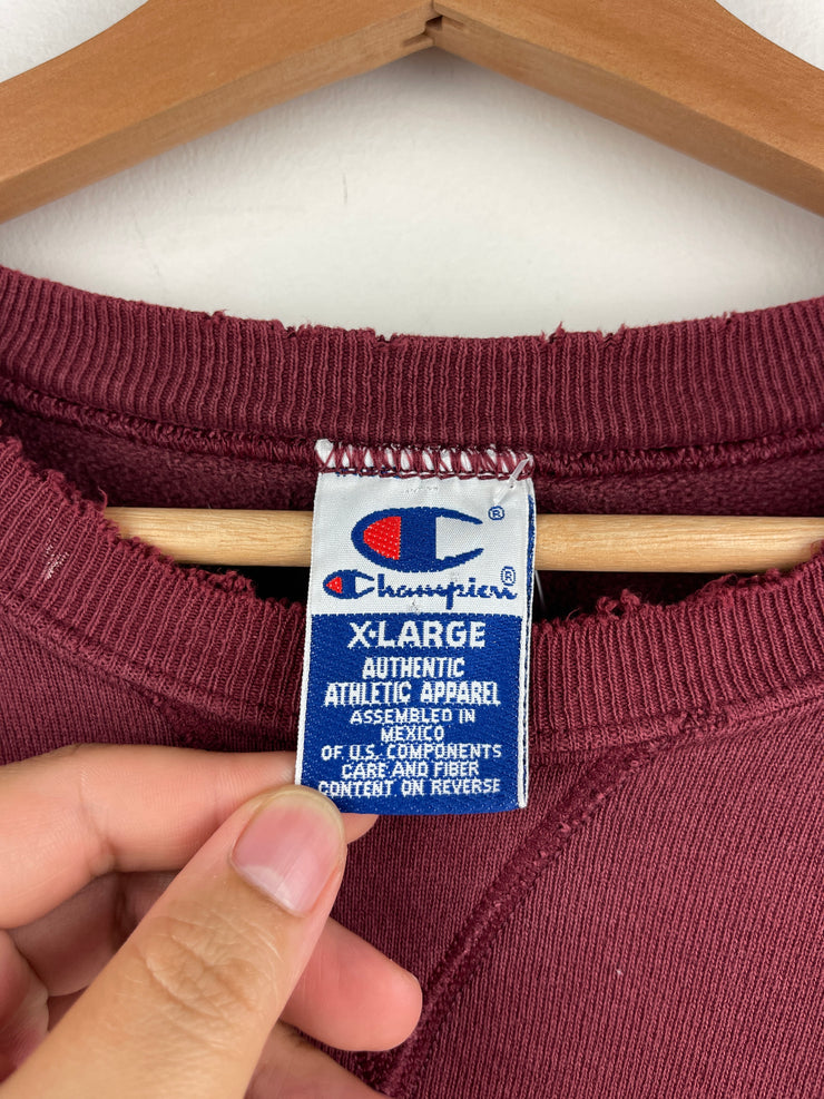 Vintage 90s Champion Spellout Embroidered Thrashed Burgundy Crewneck